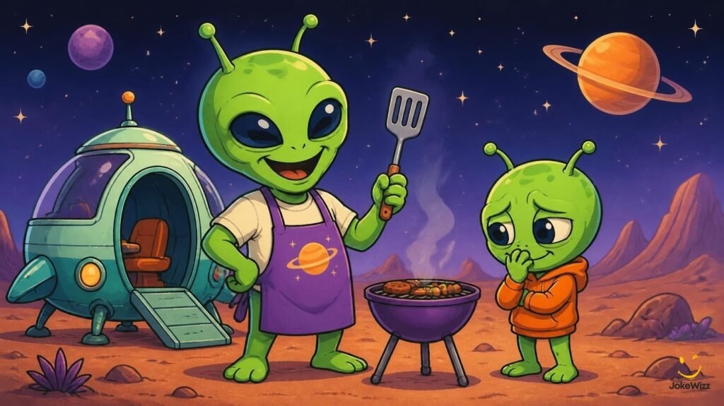 Funny alien dad jokes with a playful space family