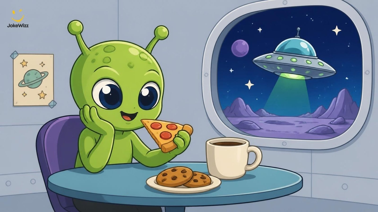 Funny alien puns and clean alien jokes with a cute space character