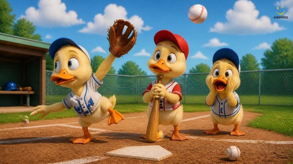 Funny baseball jokes for kids with cartoon ducks playing on a baseball field