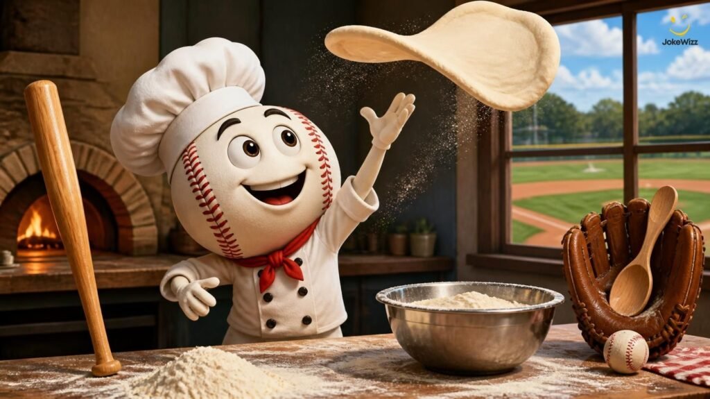Funny baseball puns illustrated by a cartoon baseball chef tossing pizza dough