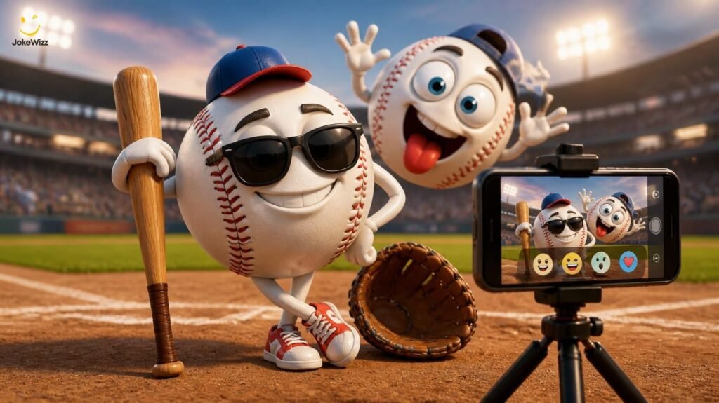 Funny baseball puns for social media captions with cartoon baseballs posing for a photo