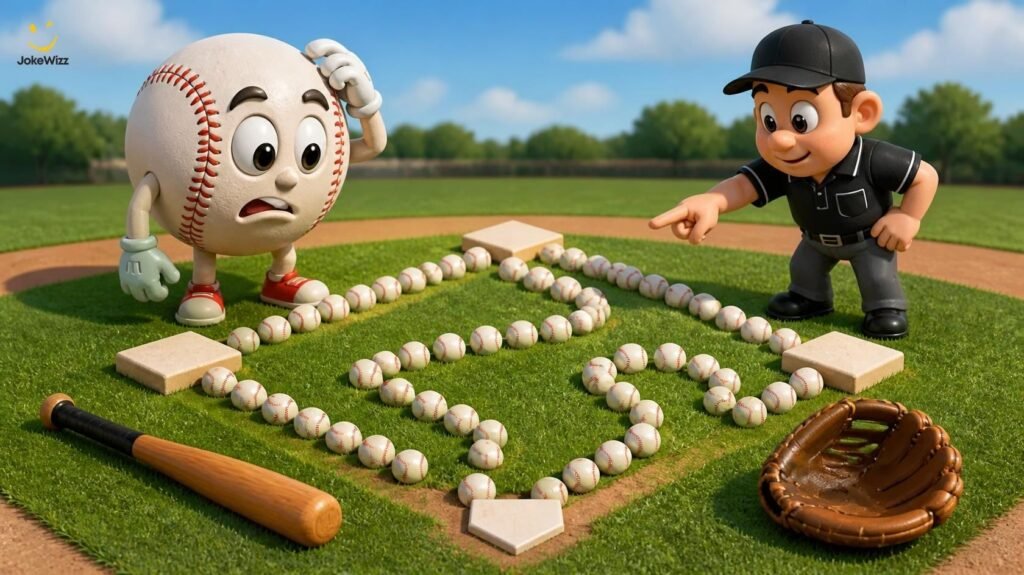 Baseball riddles illustrated with a cartoon baseball solving a diamond-shaped puzzle