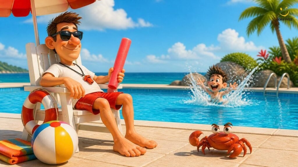 Funny beach pool and ocean jokes with a cartoon lifeguard
