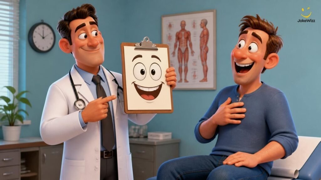 Funny cartoon male doctor telling a joke to a surprised patient