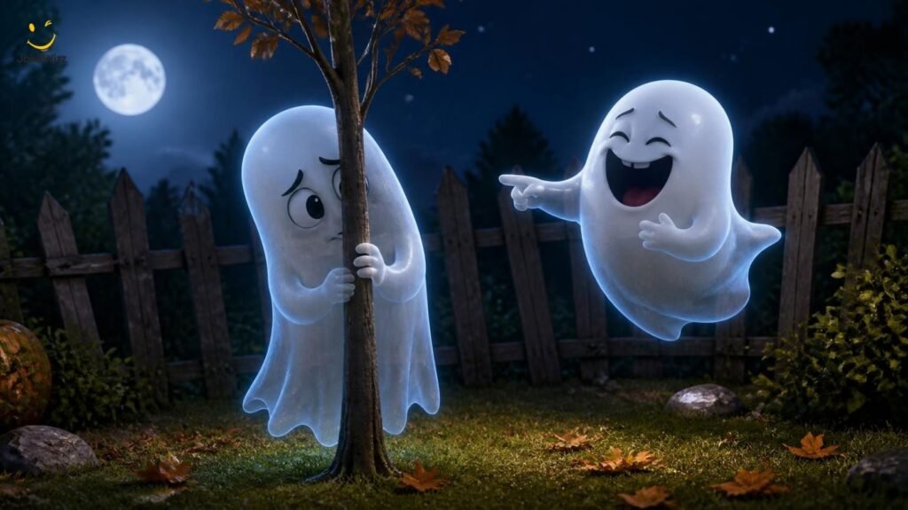 Funny ghost pun showing a see-through cartoon ghost hiding behind a thin tree