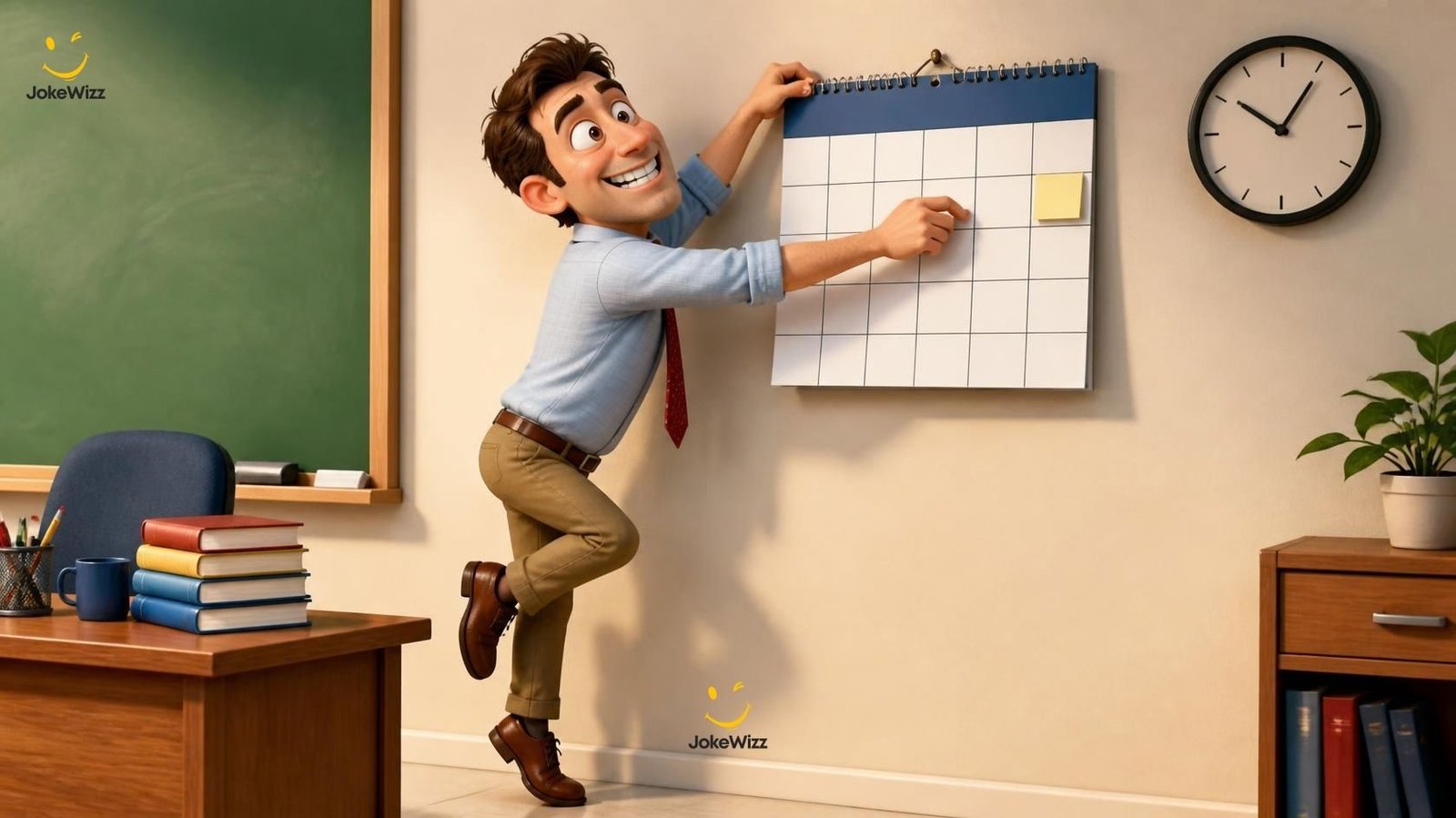Funny teacher jokes with a male cartoon teacher and classroom whiteboard