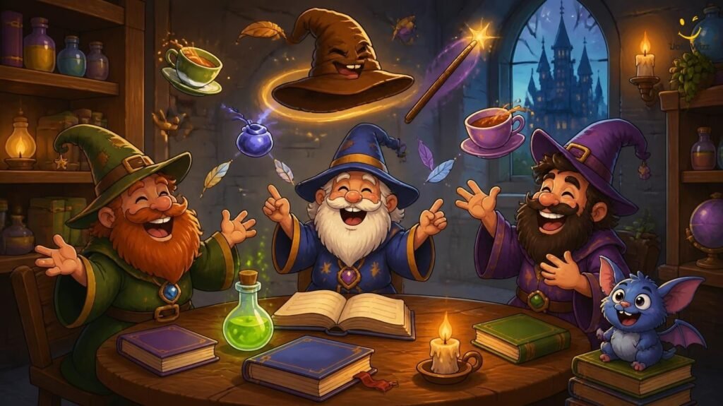 Funny wizard jokes with playful magical characters