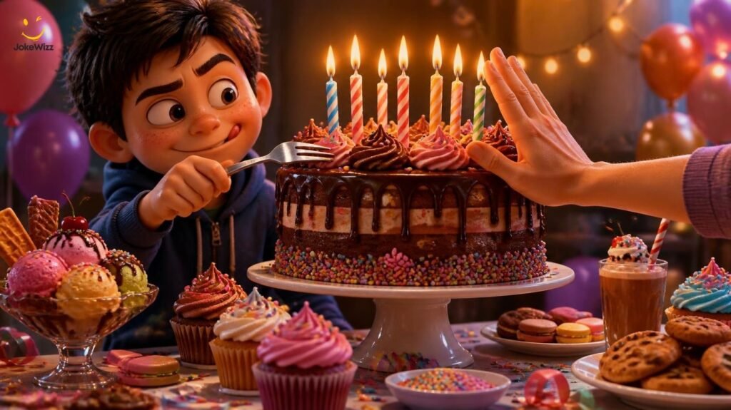 Birthday cake and food jokes with a character sneaking a slice of cake