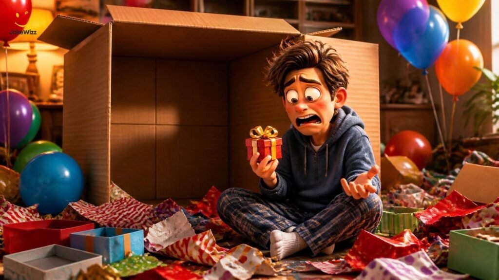 Birthday gift and wrapping paper jokes with a funny disappointed character
