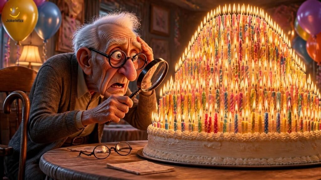 Birthday jokes about getting old with a character counting too many candles