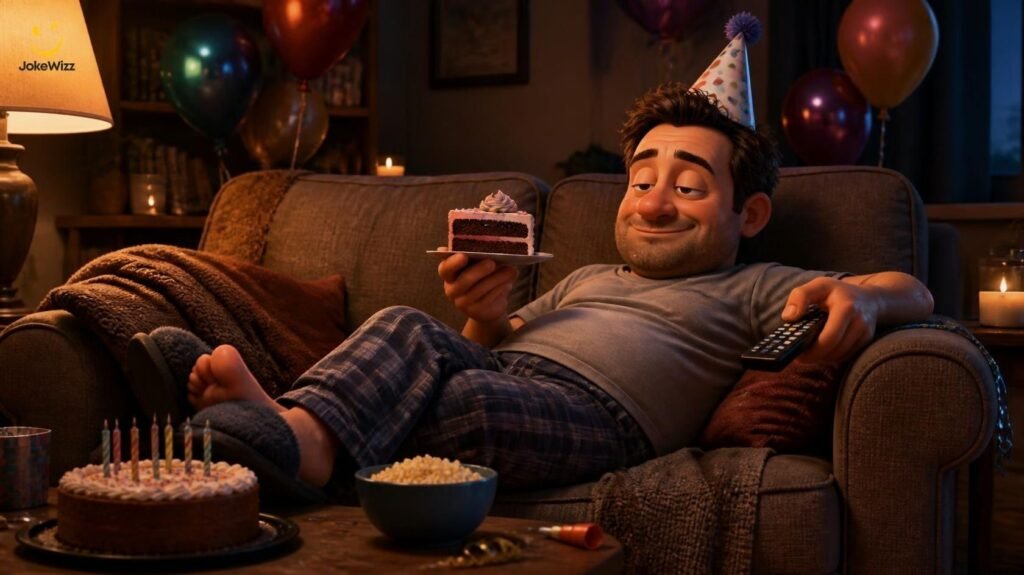 Birthday jokes for adults with a character enjoying cake on the sofa