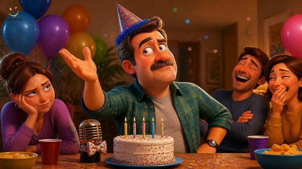 Birthday dad jokes with a funny dad delivering a terrible punchline