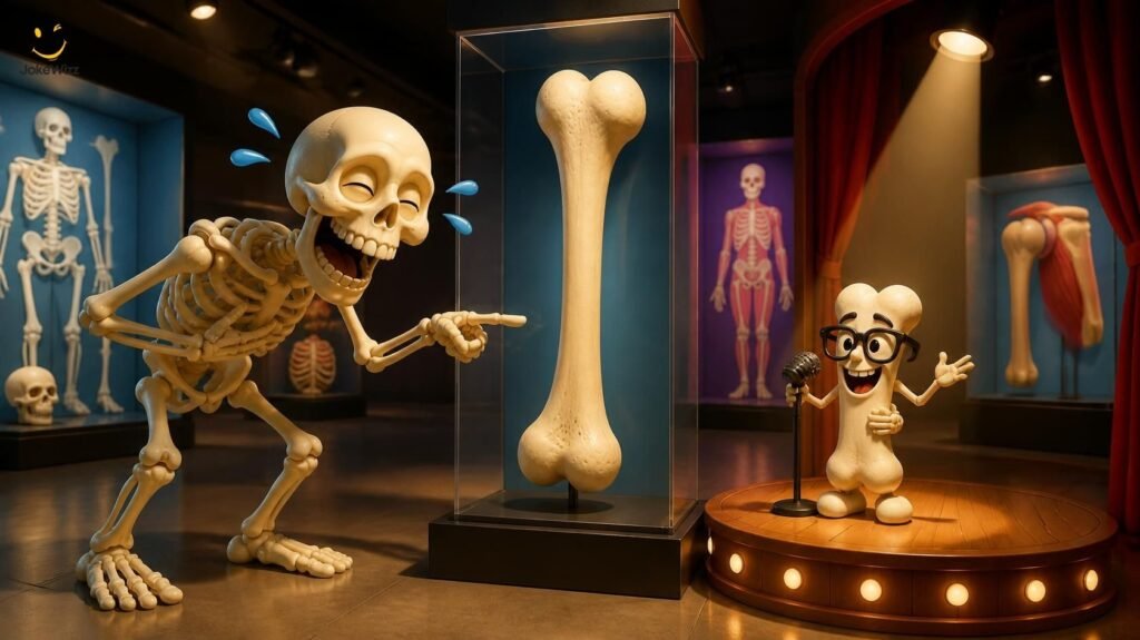 Bone puns and humerus jokes featuring a laughing cartoon skeleton beside an arm bone display