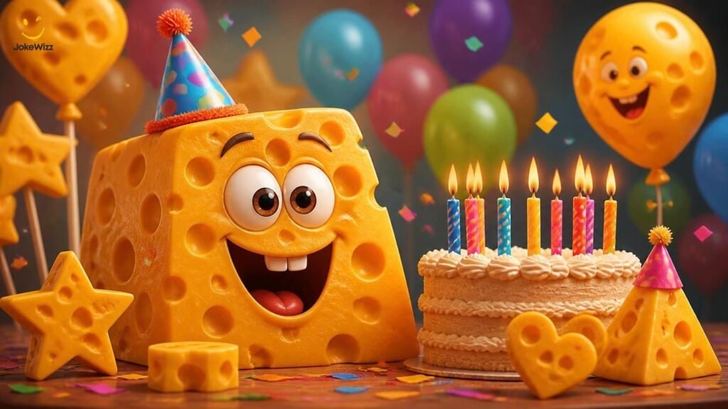 Cheesy and corny birthday jokes with a funny birthday cheese character