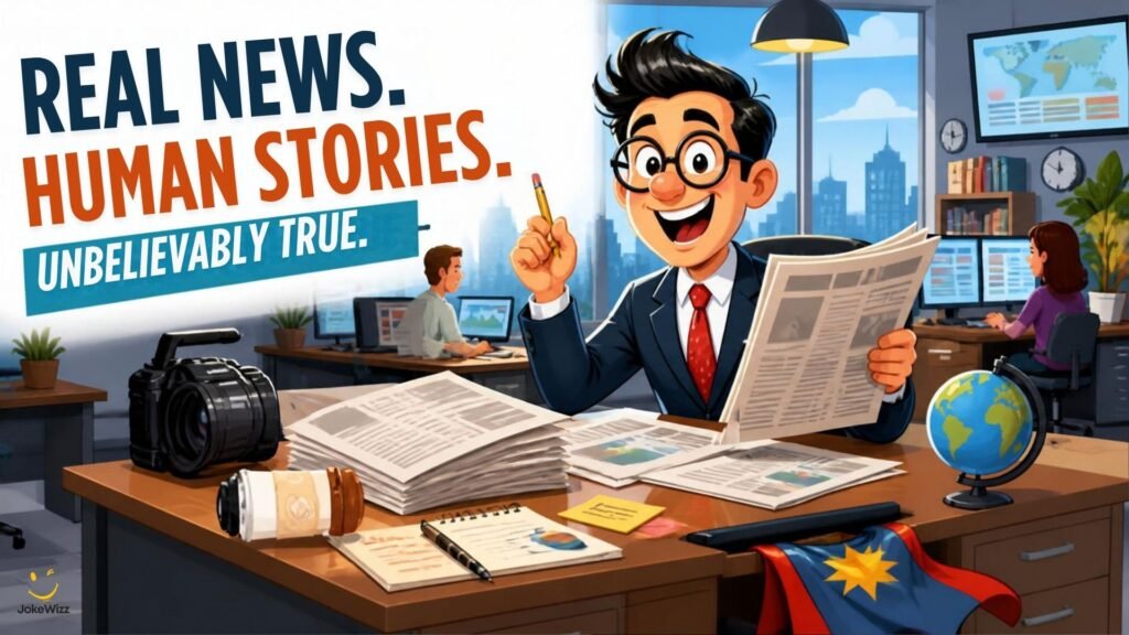 Funny superhero reporter jokes in a busy newsroom