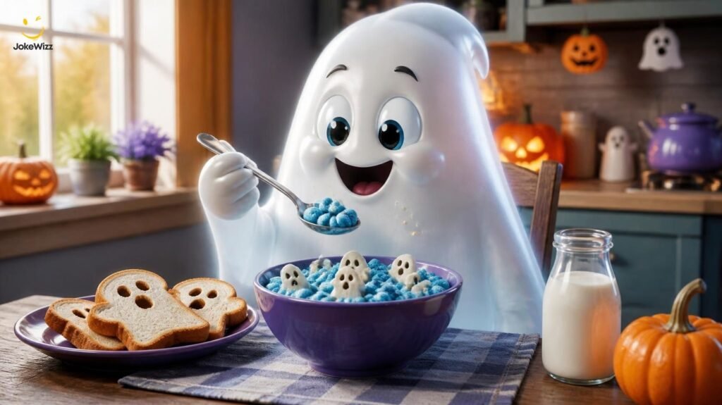 Classic ghost jokes illustrated with a cartoon ghost eating ghost toast and boo-berry cereal
