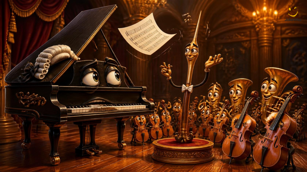 Classical music jokes with a funny cartoon grand piano, conductor baton, and orchestra instruments