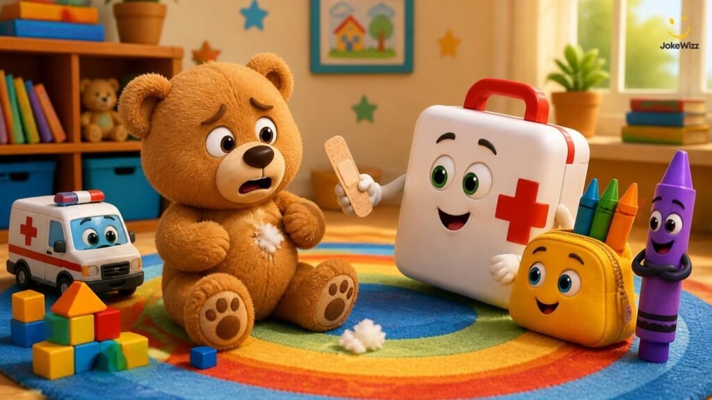 Clean 911 jokes for kids featuring a cartoon teddy bear and first-aid kit