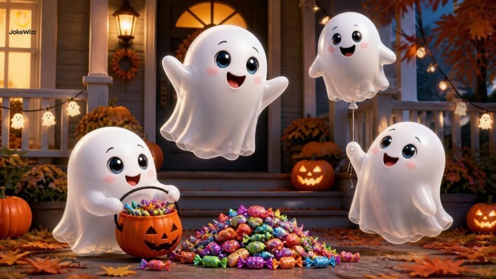 Cute and clean ghost jokes for kids with cartoon ghosts and Halloween candy