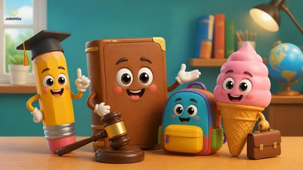 Clean lawyer jokes for kids with cartoon school supplies, a toy gavel, and an ice cream cone
