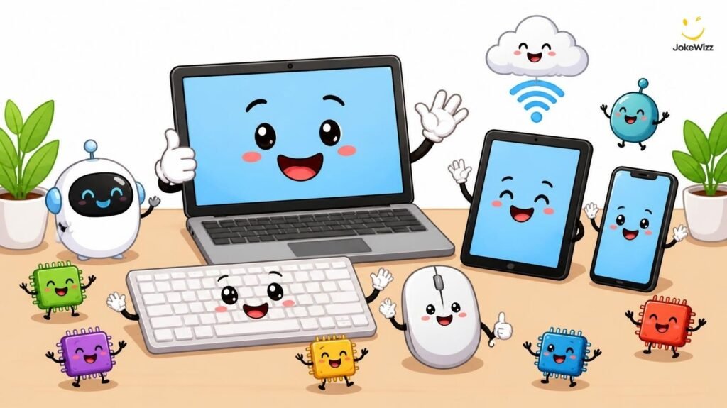 Clean computer jokes for kids with playful cartoon technology