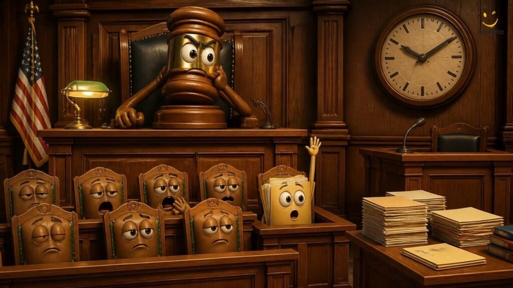 Courtroom lawyer jokes with a cartoon judge gavel, jury chairs, and legal papers