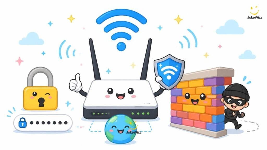 Funny cybersecurity and Wi-Fi jokes with a playful router