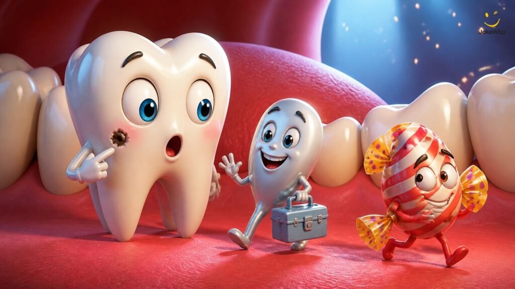 Dental jokes about cavities and fillings with a cartoon tooth and a tiny filling character