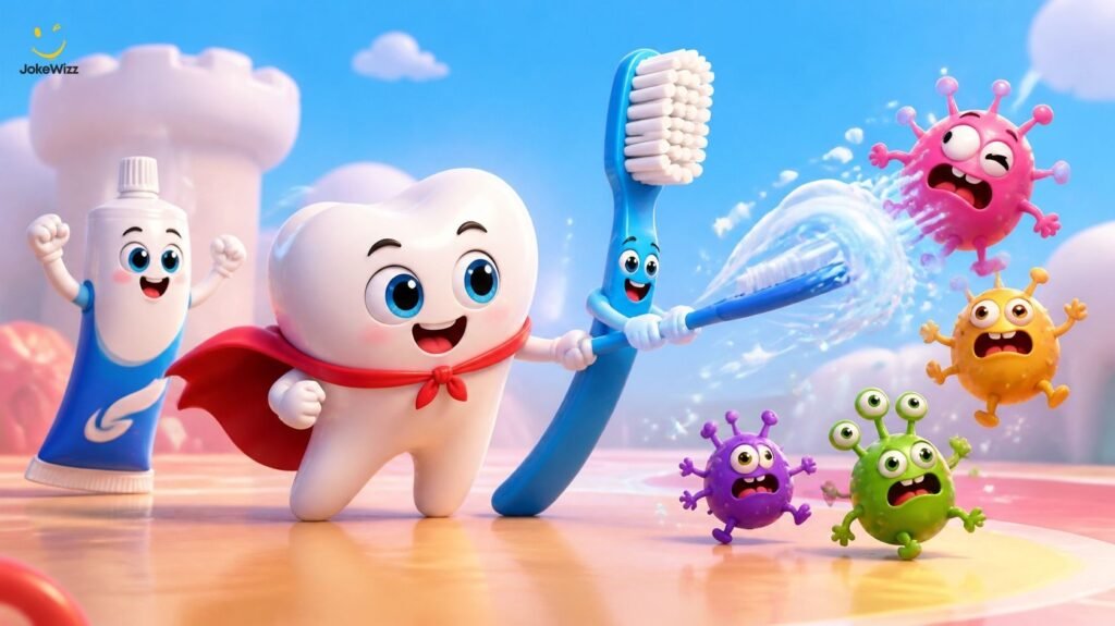 Dentist jokes for kids illustrated with a cartoon superhero tooth fighting silly sugar bugs