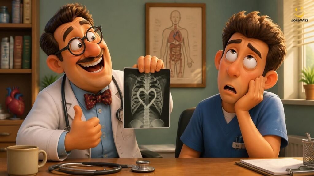 Funny doctor dad jokes with a cartoon male doctor and an eye-rolling assistant