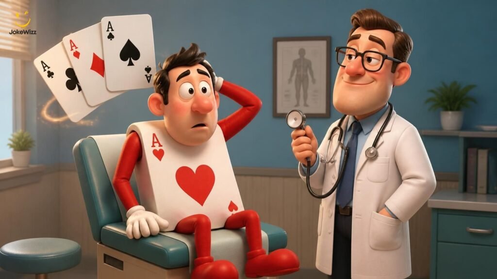 Funny Doctor Doctor joke with a cartoon male doctor and a patient dressed as a playing card