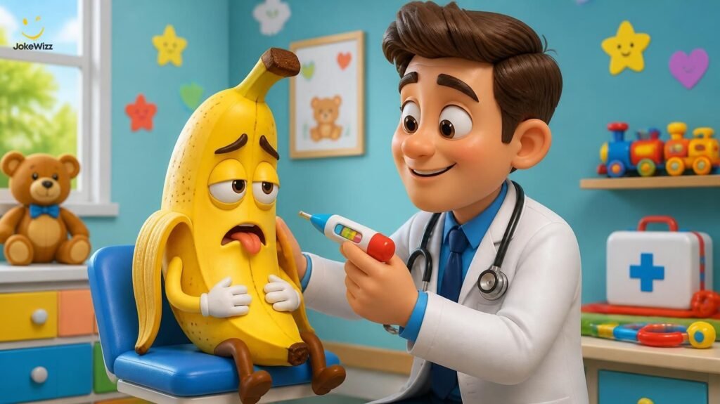 Clean doctor jokes for kids with a cartoon male doctor examining a funny banana