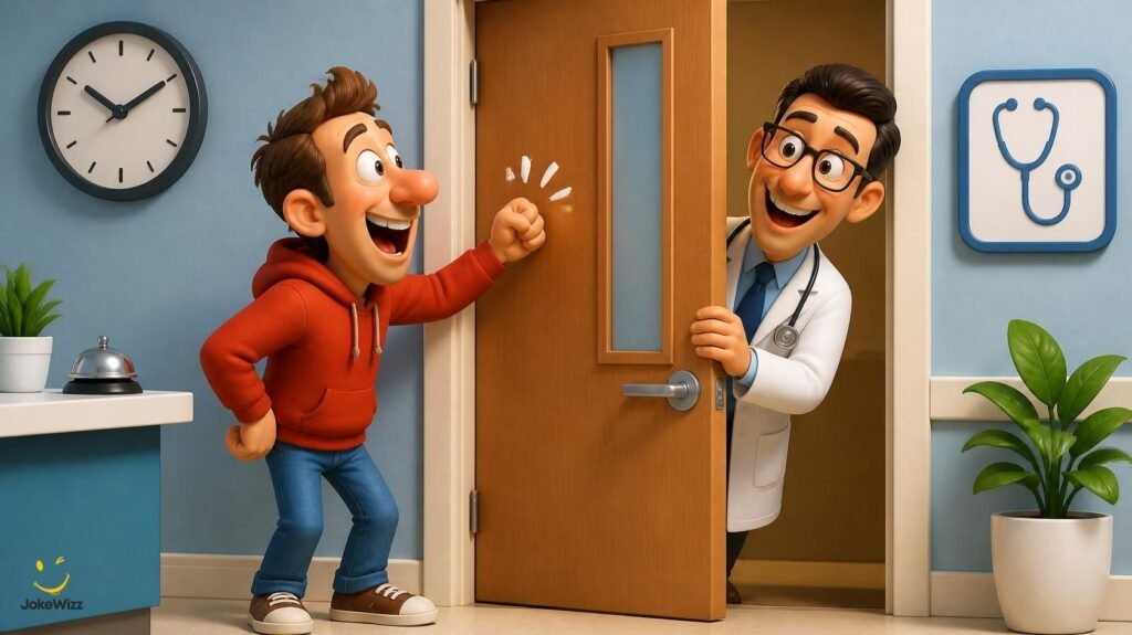 Funny doctor knock-knock jokes with a cartoon male patient knocking on a clinic door