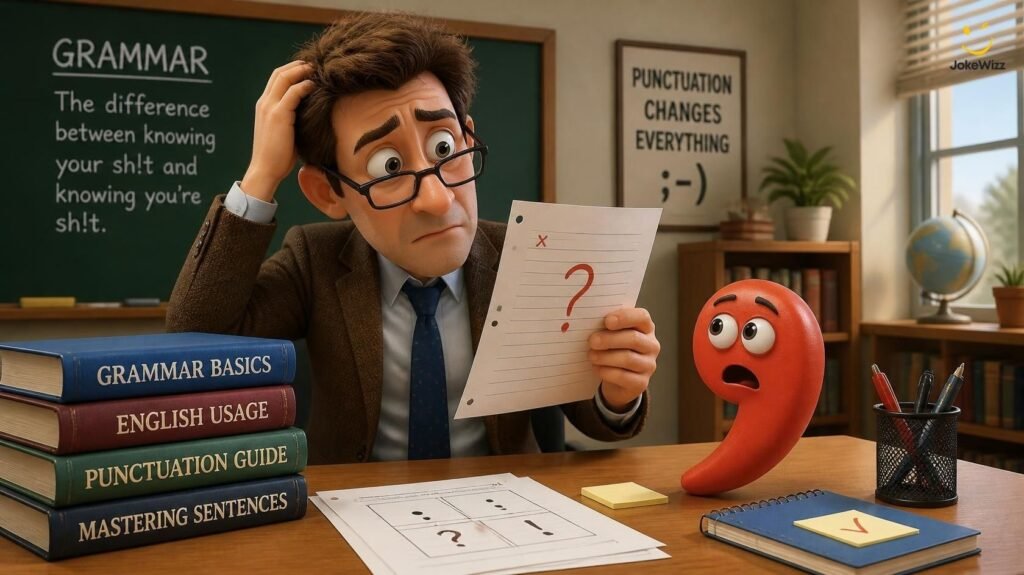 Funny English teacher jokes with a male cartoon teacher red pen and grammar worksheets