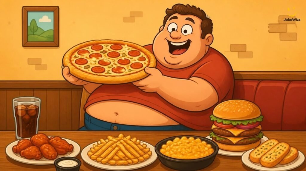 Funny fat belly and food-lover jokes with pizza and snacks