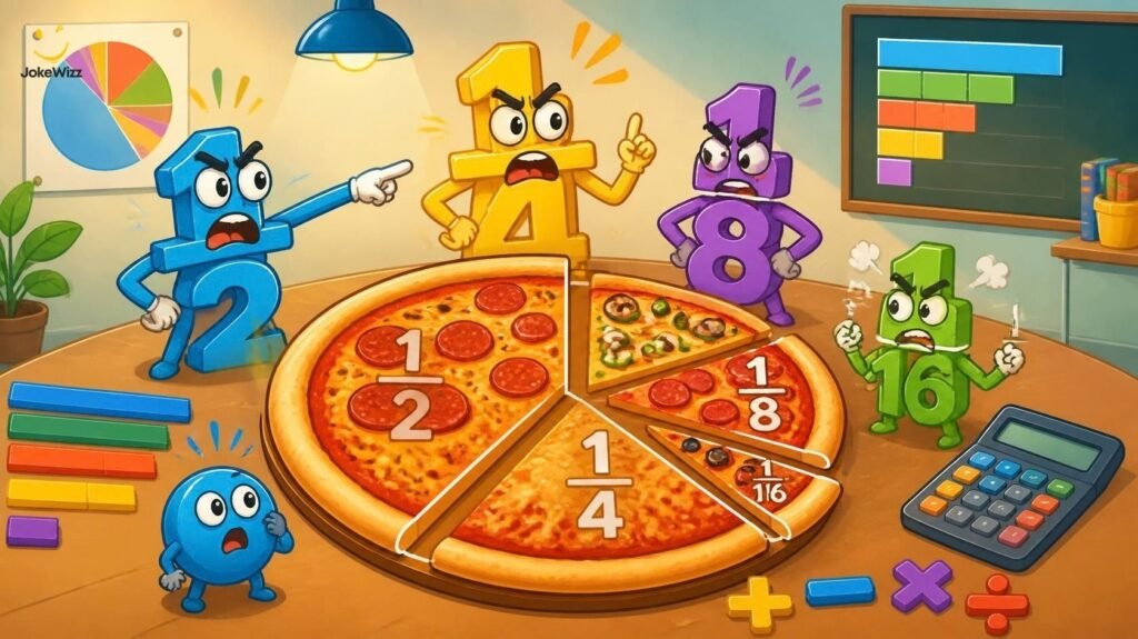 Funny fraction and decimal jokes with pizza and cartoon numbers