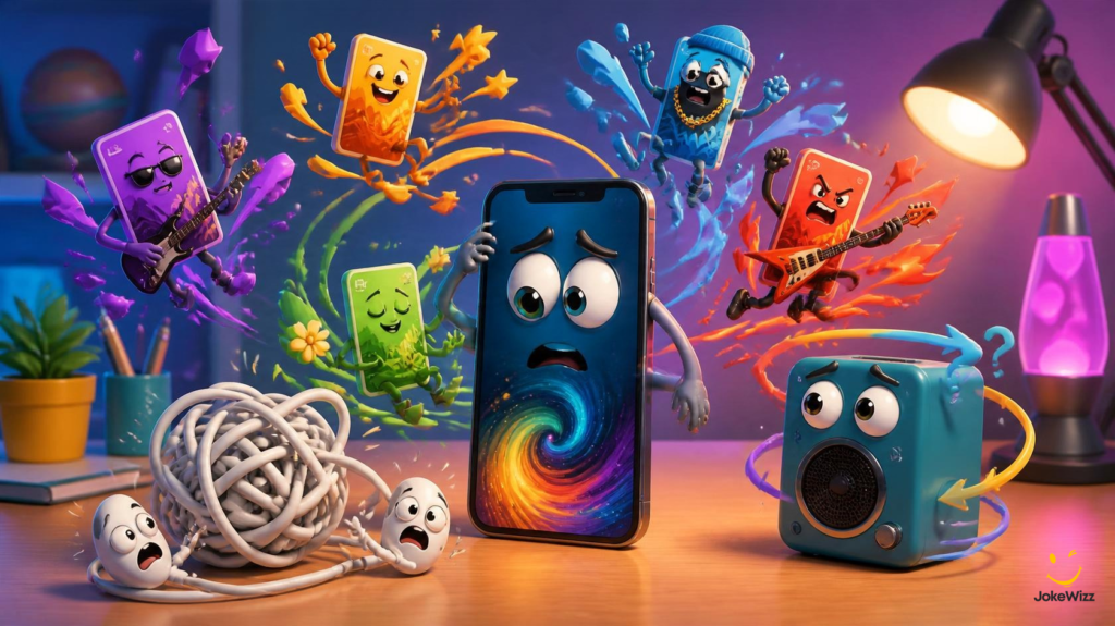 Funny music jokes illustrated with a confused cartoon playlist, tangled earbuds, and speaker