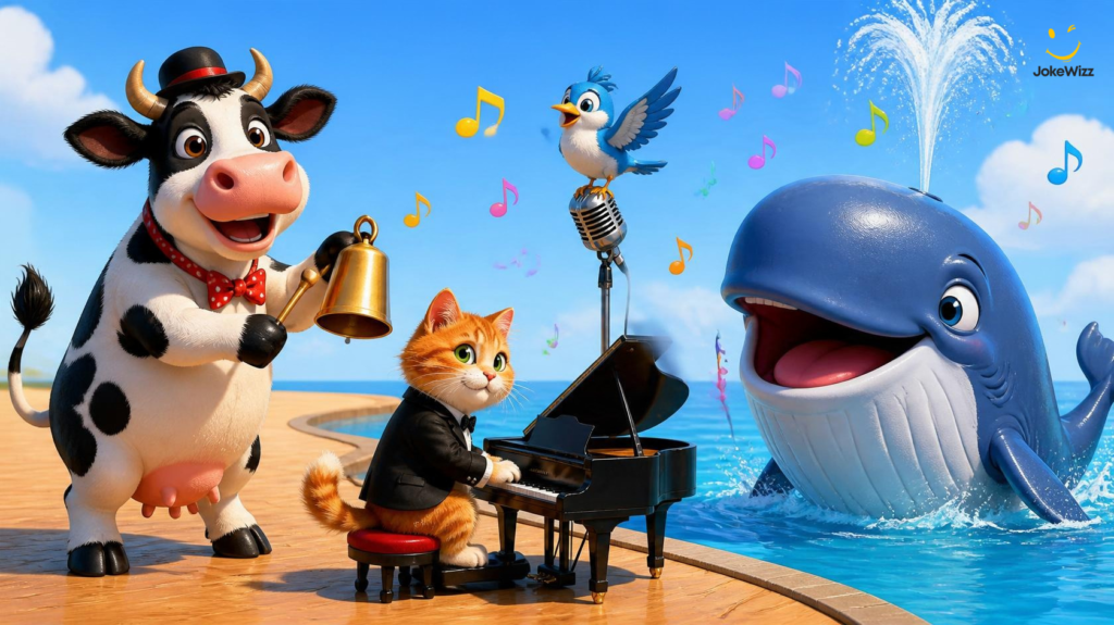 Funny animal music jokes featuring a cartoon cow with a cowbell, piano-playing cat, and musical whale