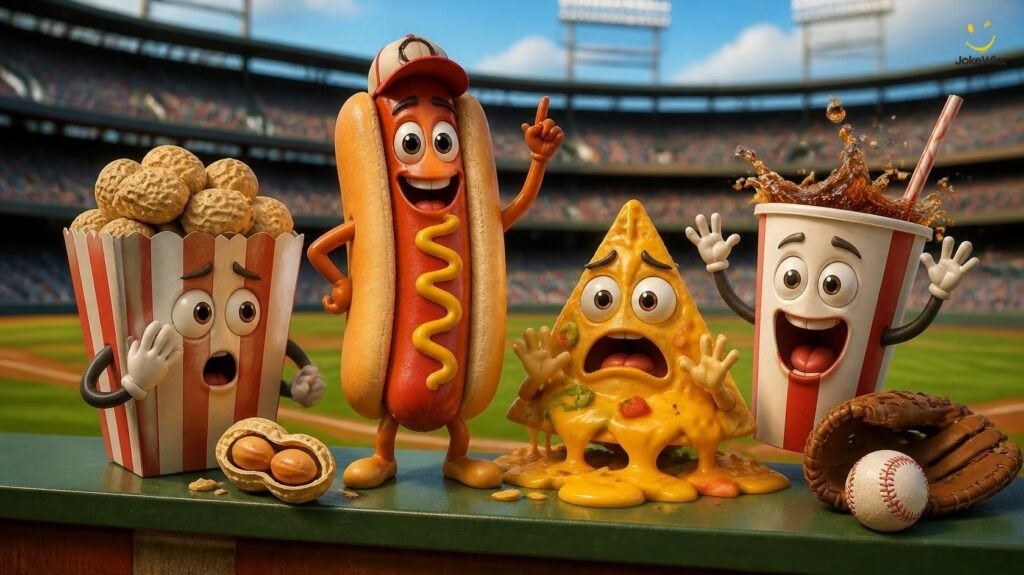 Funny baseball food jokes with cartoon hot dogs, peanuts, nachos, and soda at a ballpark
