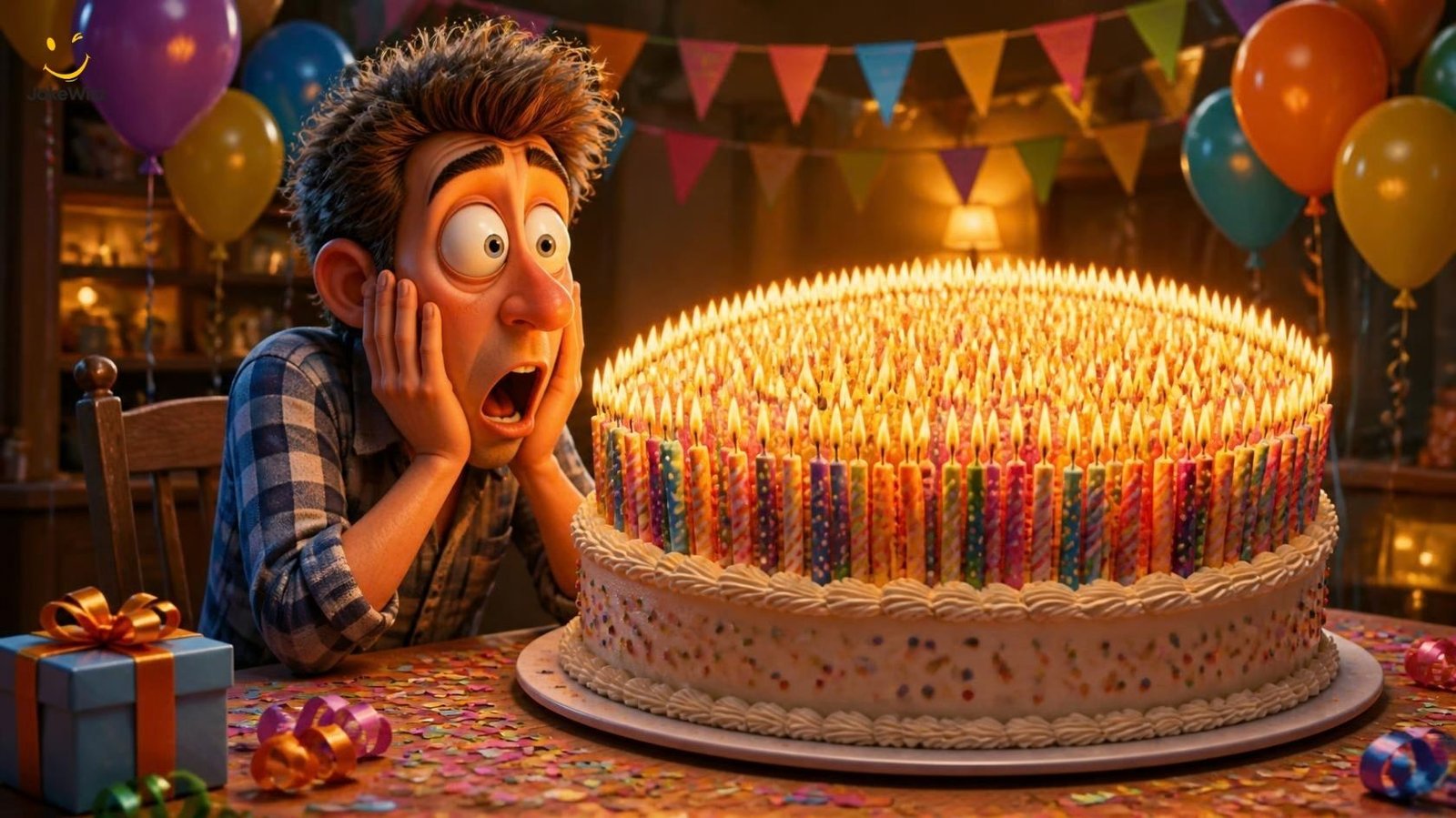 Funny birthday jokes with a character surprised by a candle-filled cake