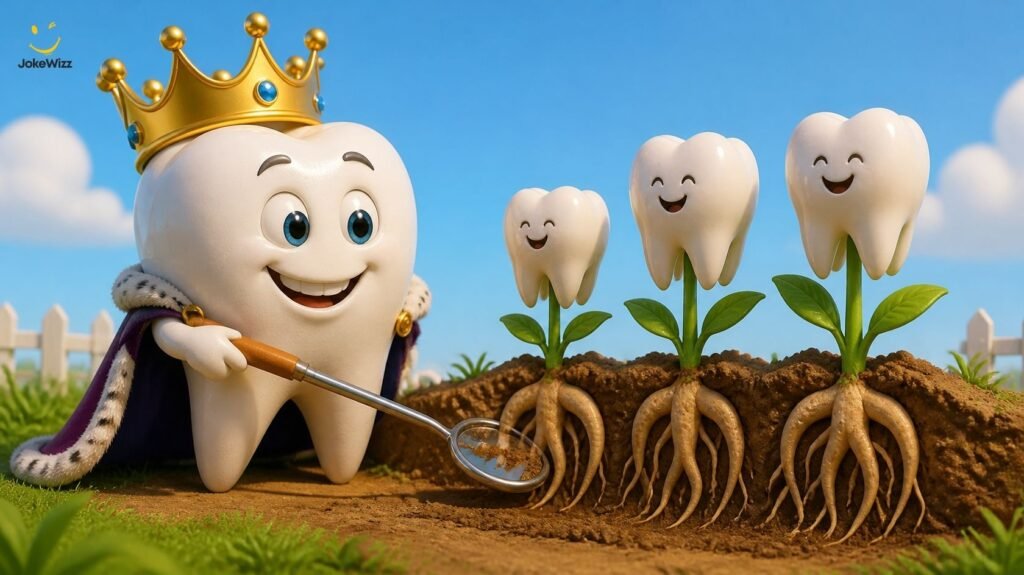 Funny dentist puns illustrated with a cartoon tooth wearing a crown beside tooth roots