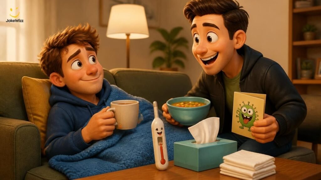 Funny get well soon jokes with a cartoon male patient and a friend bringing soup