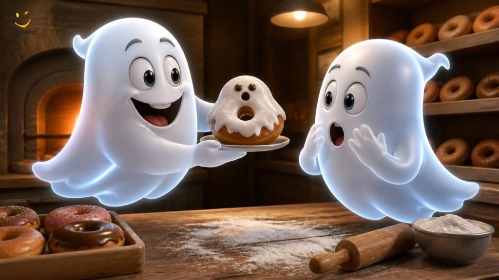 Funny ghost one-liner illustration with cartoon ghosts and a ghost-shaped doughnut