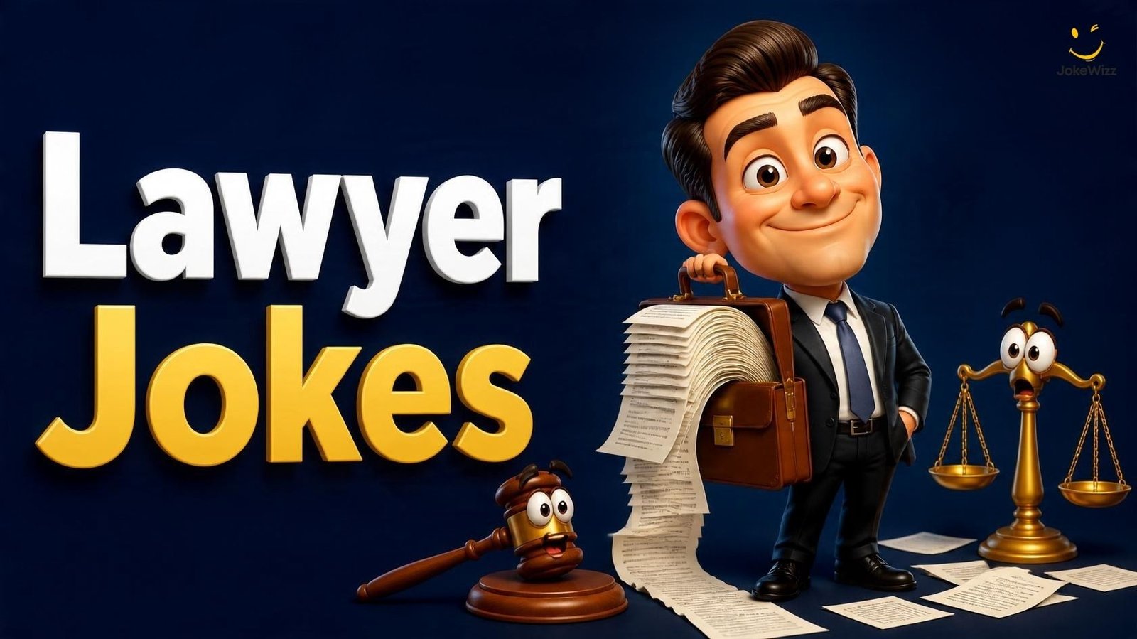 Funny lawyer jokes with a cartoon attorney, legal papers, and a courtroom gavel
