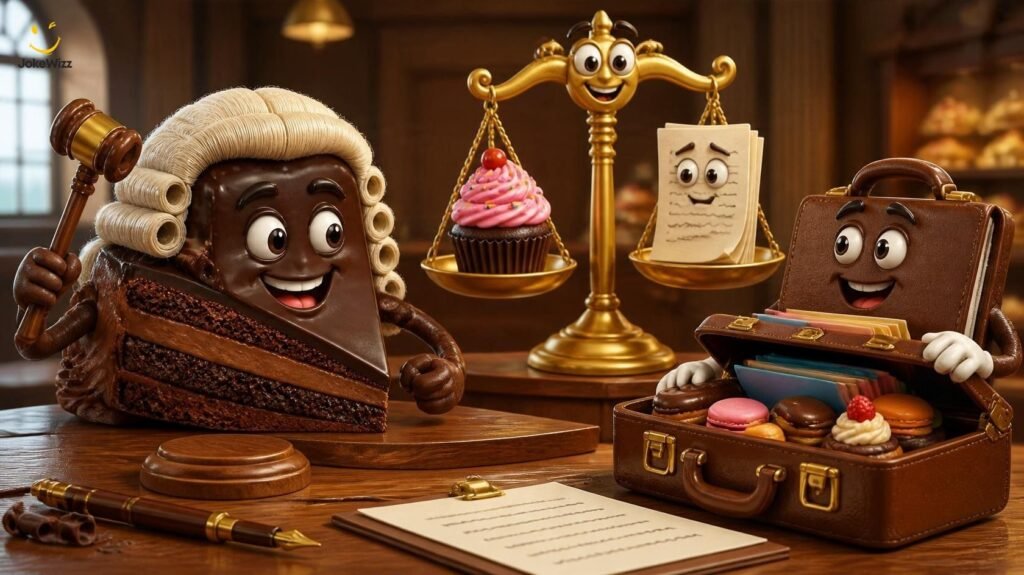 Funny lawyer puns shown with a cartoon torte, judge gavel, and legal briefcase