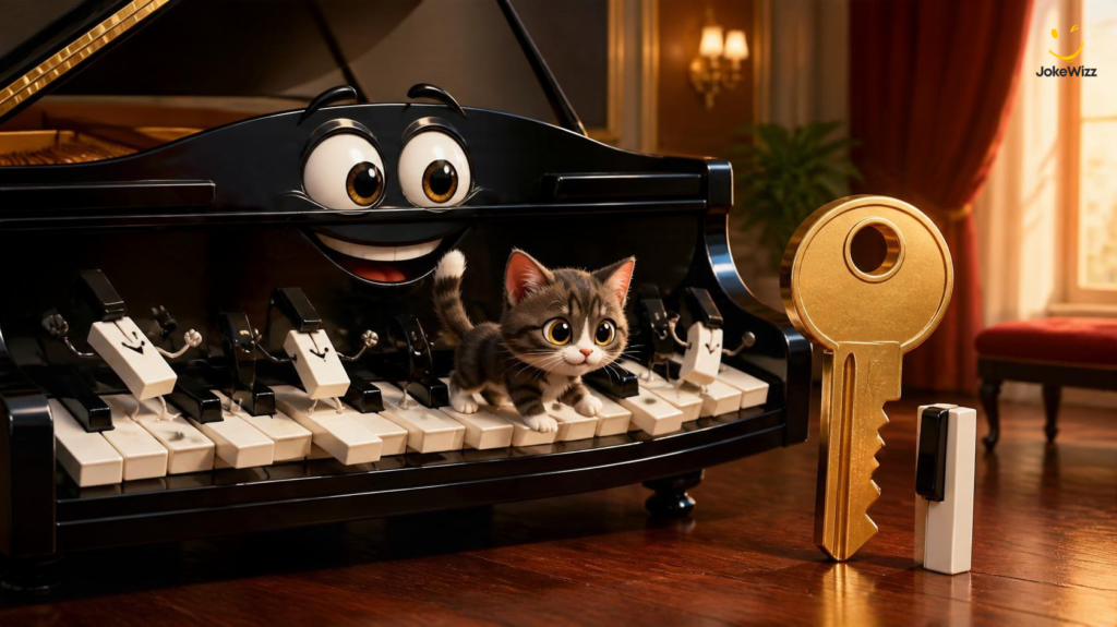 Funny piano jokes with a cartoon grand piano, dancing keys, cat, and oversized house key