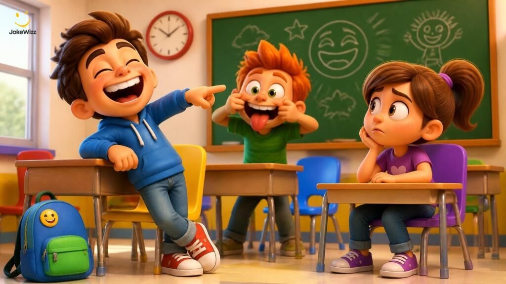 Funny school jokes for kids shown through laughing 3D cartoon students in class