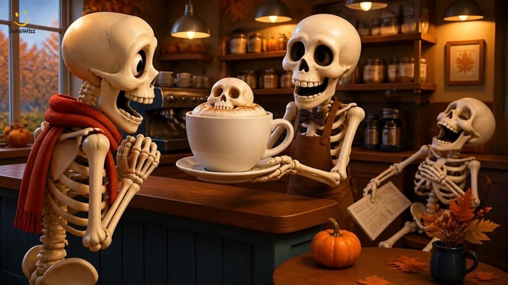Funny skeleton jokes featuring cartoon skeletons sharing a laugh at a coffee shop