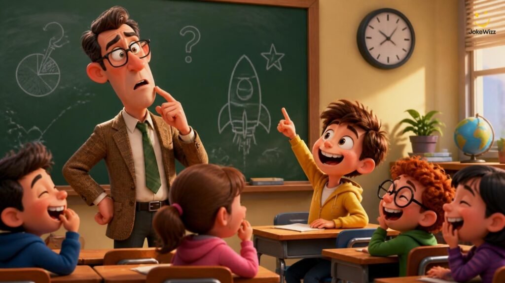 Funny teacher jokes illustrated by a confused cartoon teacher and laughing students