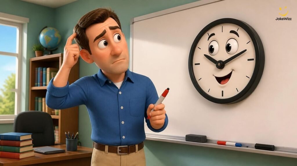 Funny teacher joke with a male cartoon teacher reaching toward a classroom calendar